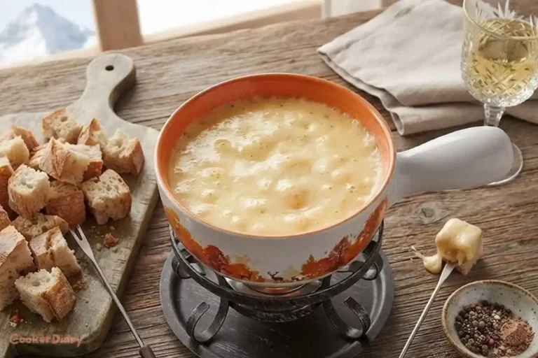 Top-down view of creamy Swiss cheese fondue in a ceramic pot with bread cubes