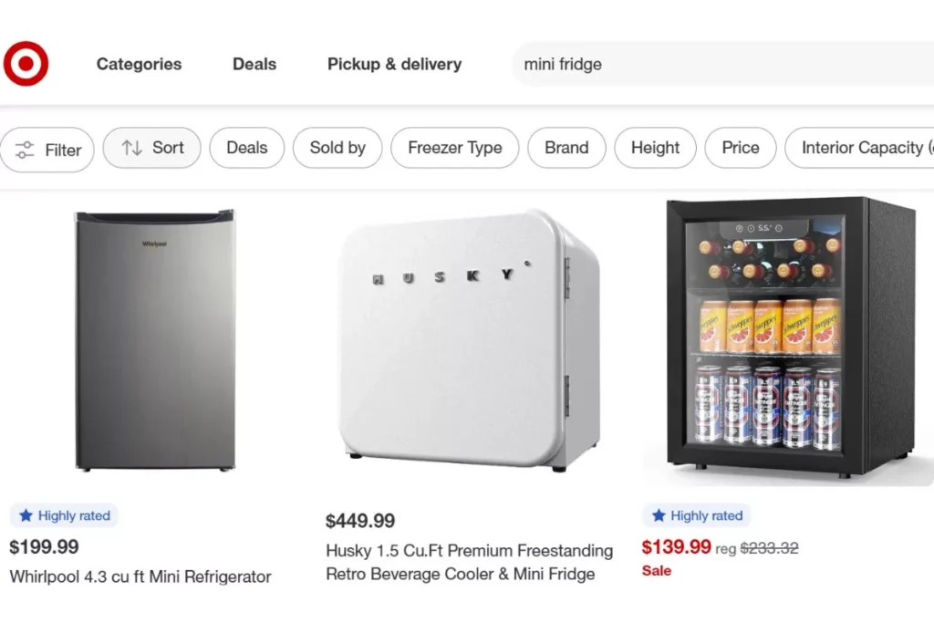 target dashboard website showing the mini fridge items