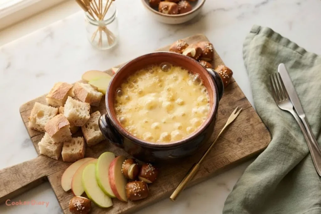 Top-down photo of creamy cheddar cheese fondue in a pot with bread and apple dippers