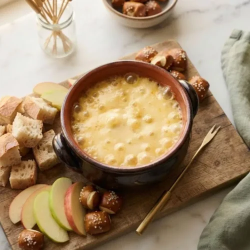 Top-down photo of creamy cheddar cheese fondue in a pot with bread and apple dippers