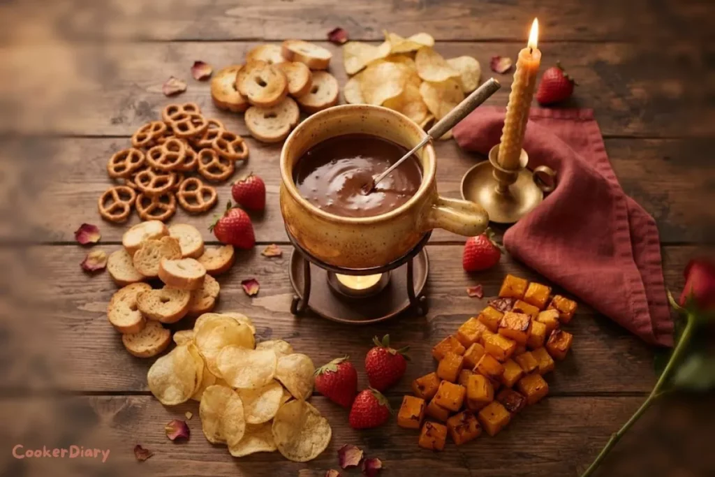 Romantic overhead flat-lay of a chocolate fondue pot glowing at the center of a rustic wooden table, warm melted chocolate glistening inside