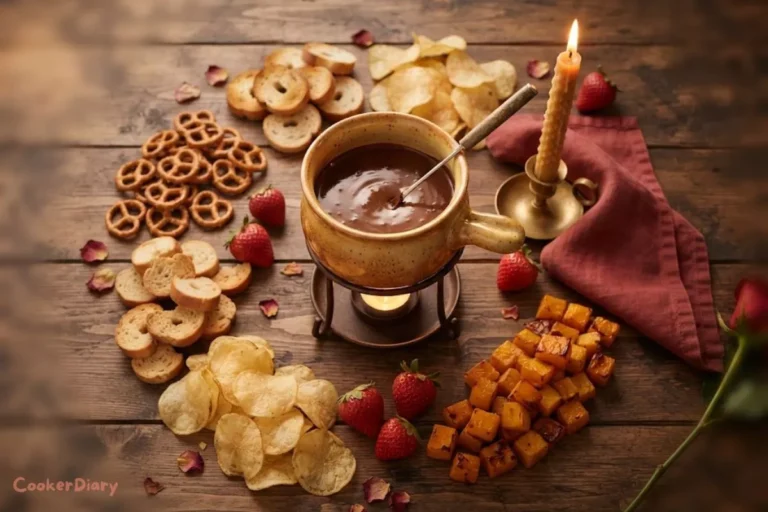 Romantic overhead flat-lay of a chocolate fondue pot glowing at the center of a rustic wooden table, warm melted chocolate glistening inside