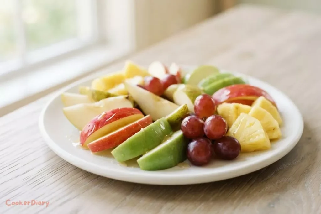 fresh food photo of sliced apples, pear wedges, red grapes, and pineapple chunks arranged artfully on a white plate with a light lemon drizzle glisten.