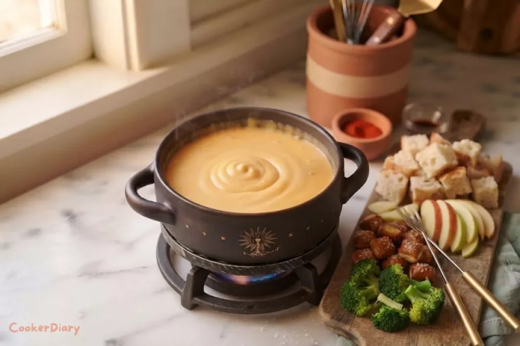 Cheddar cheese fondue served with bread, apples, and pretzels for dipping