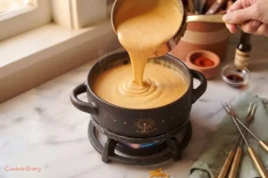 Pouring melted cheddar cheese fondue into a fondue pot