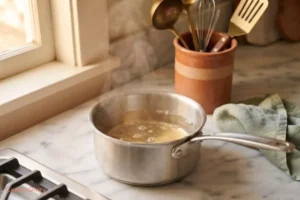 White wine simmering gently in a saucepan for cheese fondue