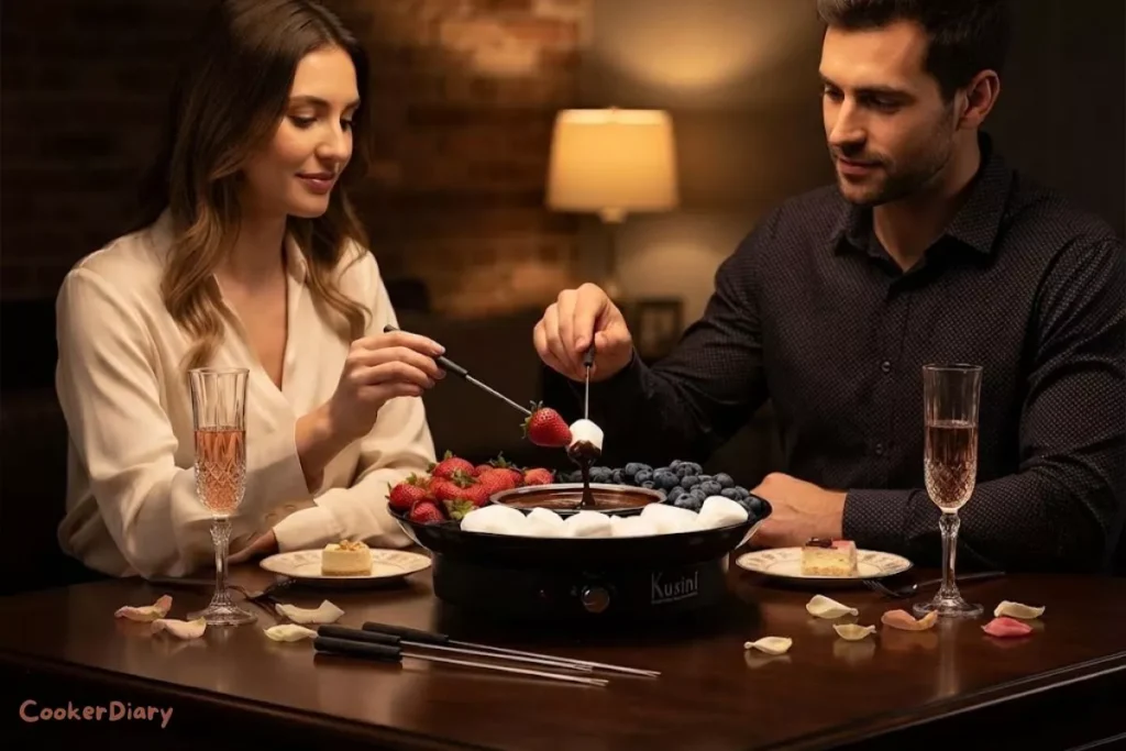 Couple using electric fondue pot for date night