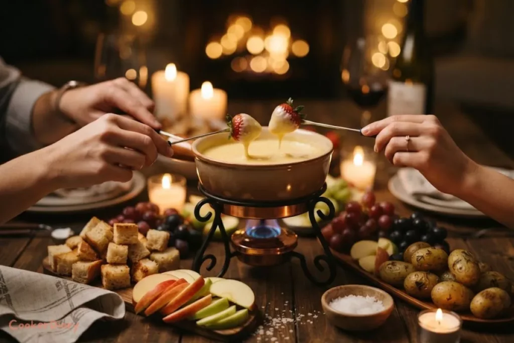 Romantic close-up scene of a couple's hands reaching toward a fondue pot together, each holding a fondue fork with a strawberry dipped into warm, melted golden cheese.